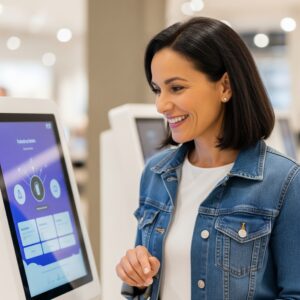 Alt Tag: Customer engaged with personalized content on a retail kiosk.