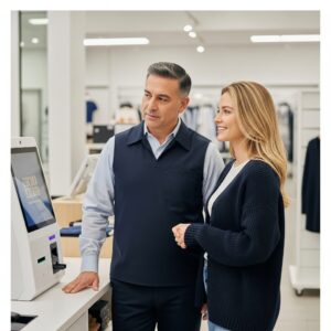 Retail employee assisting customer while kiosk processes a separate transaction.