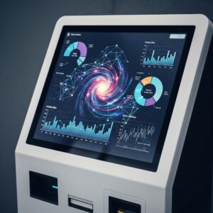Kiosk screen displaying data analytics and charts for business insights.
